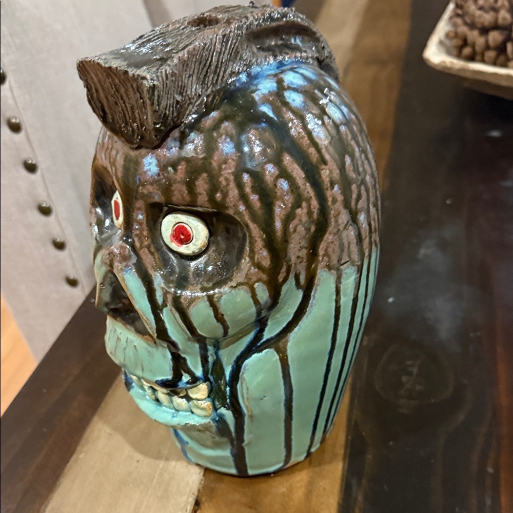 Handcrafted Skull Folk Art Piece -Blue and Brown by artist Dal Burtchall signed